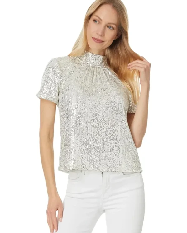 CeCe Shirts & Tops<S/S Mock Nk Sequin Blse W/ Back Bow 246 Champagne