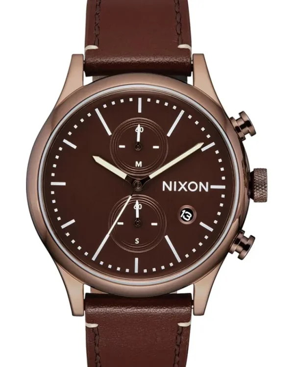 Nixon Watches<Station Chrono Leather Chocolate/Cappuccino/Brown
