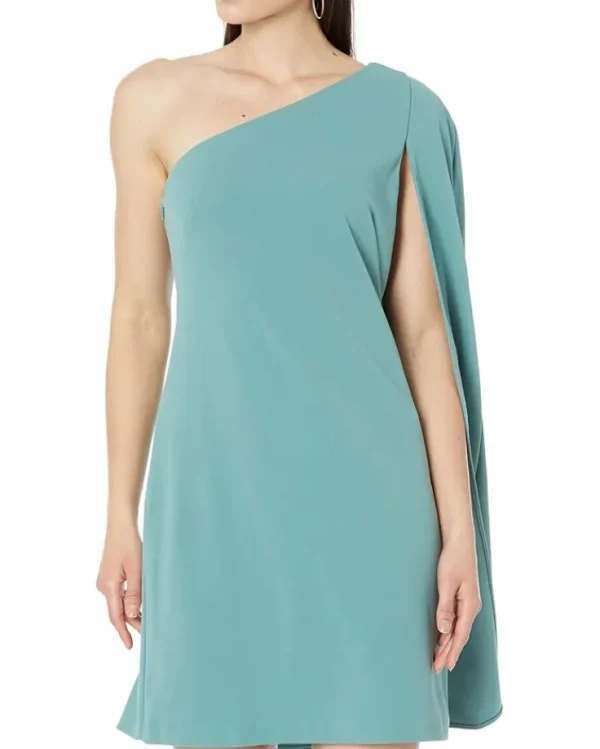 Adrianna Papell Dresses<Stretch Crepe One Shoulder Sheath Dress with Cape Detail Green Slate