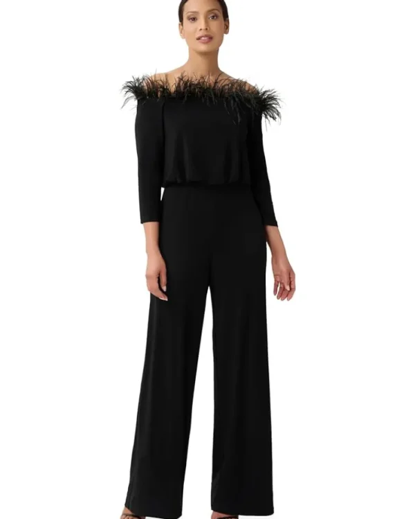 Adrianna Papell Jumpsuits & Rompers<Stretch Jersey Blousson Jumpsuit with Feather Trim Black