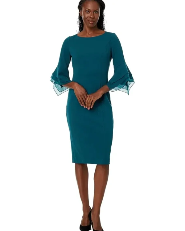 Adrianna Papell Dresses<Stretch Knit Crepe Sheath Dress with Tiered Organza Bell Sleeve Hunter