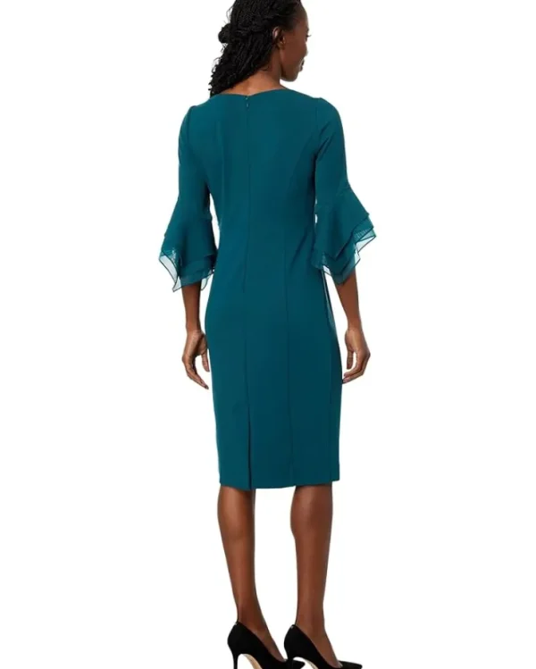 Adrianna Papell Dresses<Stretch Knit Crepe Sheath Dress with Tiered Organza Bell Sleeve Hunter