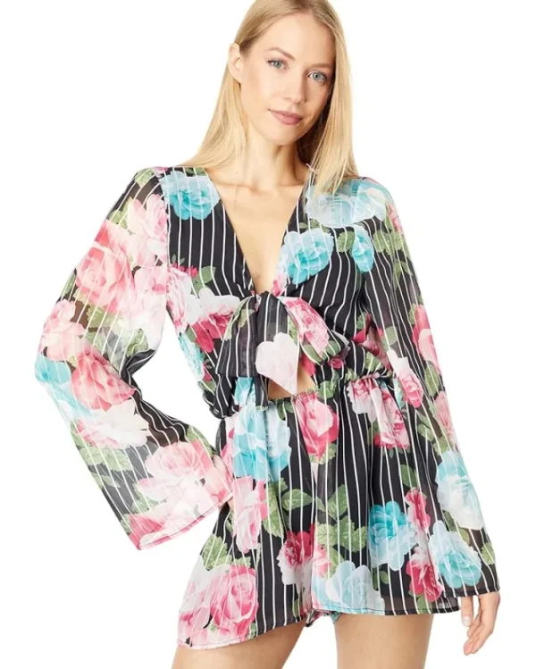 Bebe Jumpsuits & Rompers<Tie Front Floral Flutter Sleeve Romper Black/Pink