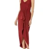 Calvin Klein Dresses<V-Neck Glitter Knit Gown with Ruched Front Red/Red