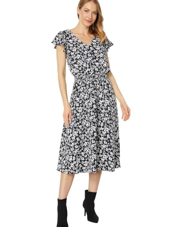Vince Camuto Dresses<V-Neck Tiered Dress with Flutter Rich Black