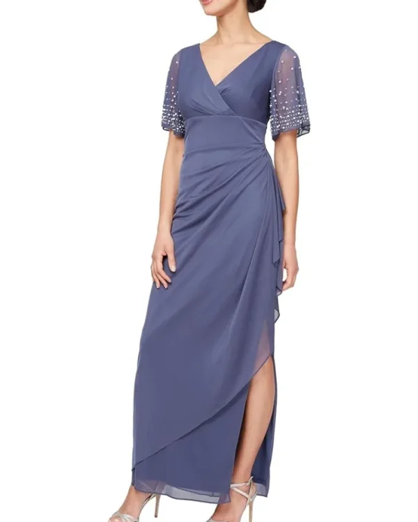Alex Evenings Long Mesh Dress with Flutter Sleeves | Women Plus Size