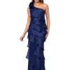 XSCAPE Long Metallic Organza Tiered One Shoulder | Women Plus Size