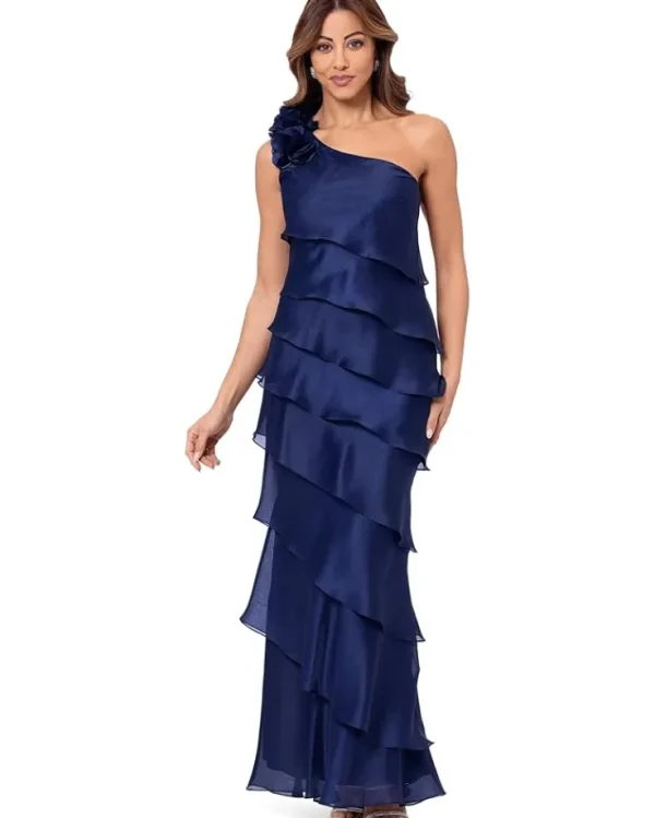 XSCAPE Long Metallic Organza Tiered One Shoulder | Women Plus Size