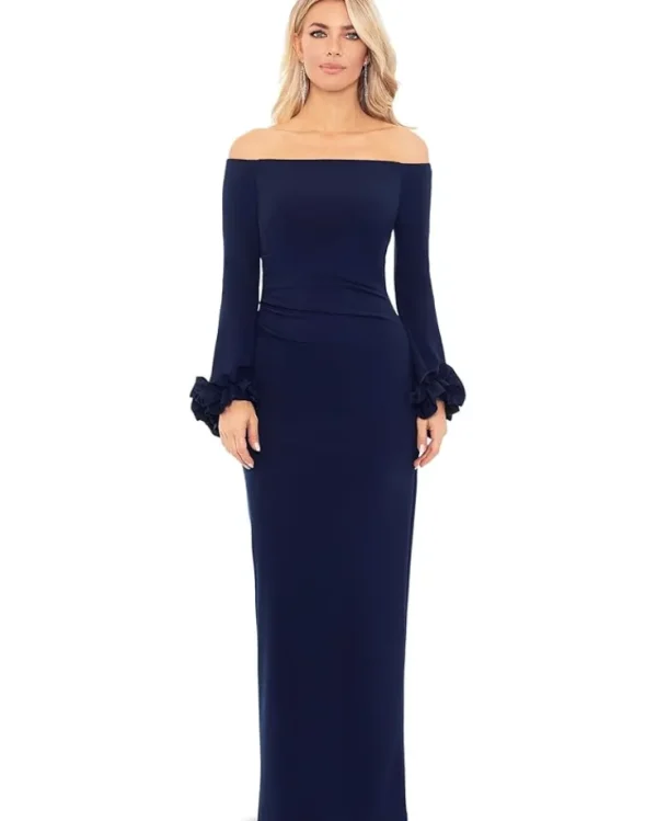XSCAPE Long Scuba Crepe Off-the-Shoulder Ruffle Cuff | Women Plus Size