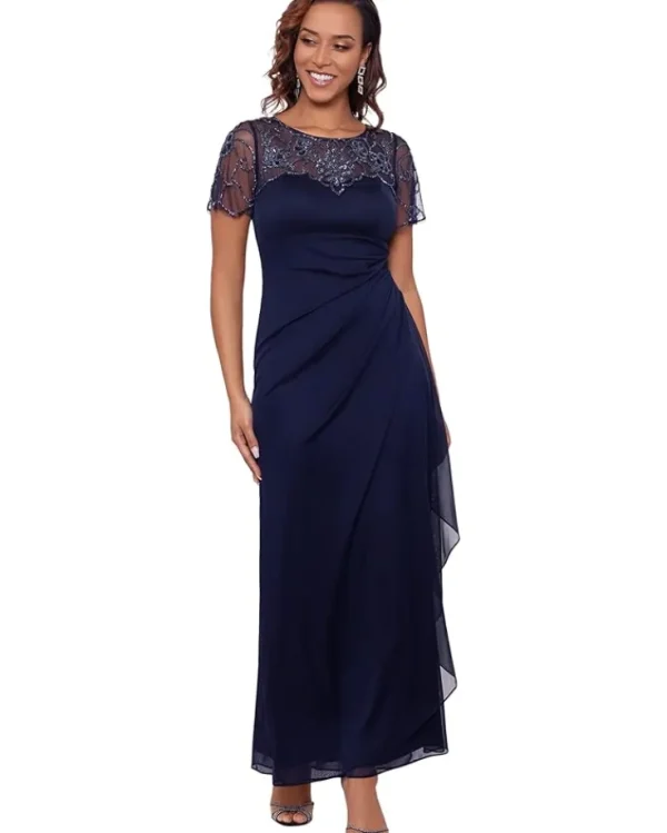 XSCAPE Long Sheer Matte Jersey Side Ruched Bead Flutter Sleeve | Women Plus Size | Dresses