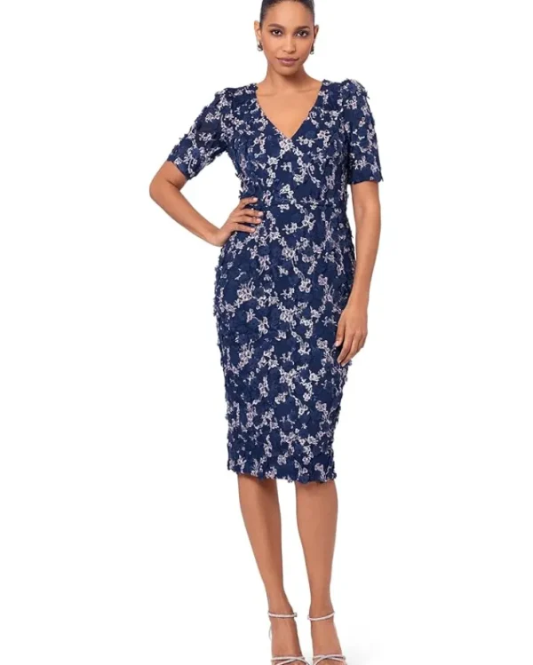 XSCAPE Midi 3D Embellished V-Neck Short Sleeve | Women Plus Size