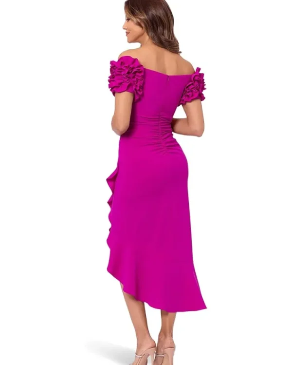 XSCAPE Midi Scuba Crepe Off The Shoulder Ruffle Sleeve | Women Plus Size