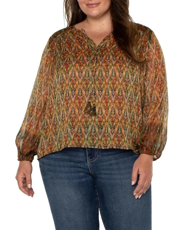 Liverpool Los Angeles Plus Size Long Sleeve Double Layer Tie Front Woven Blouse | Women Plus Size