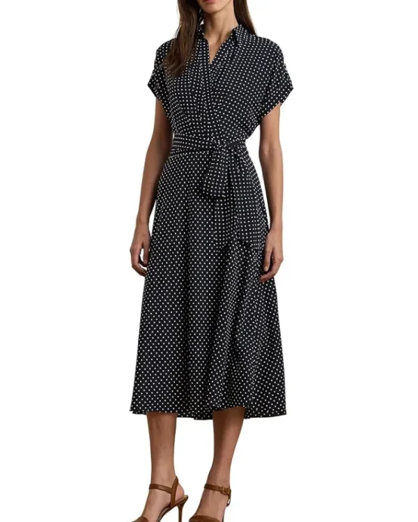 Lauren Ralph Lauren Polka-Dot Belted Crepe Dress | Women Plus Size