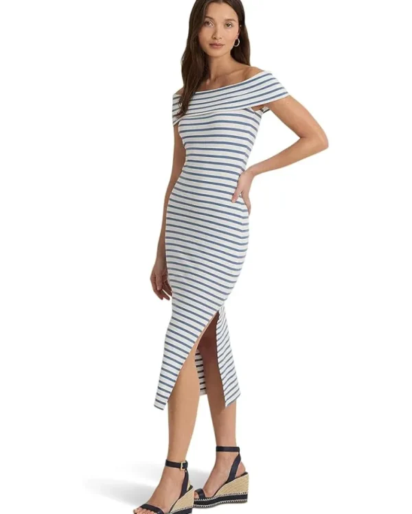Lauren Ralph Lauren Striped Off-the-Shoulder Midi Dress | Women Plus Size