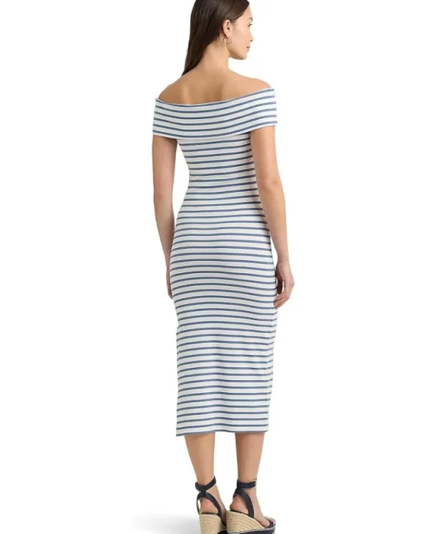 Lauren Ralph Lauren Striped Off-the-Shoulder Midi Dress | Women Plus Size
