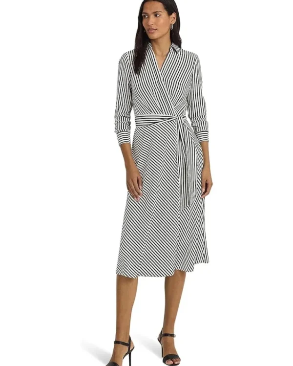 Lauren Ralph Lauren Striped Surplice Crepe Midi Dress | Women Plus Size